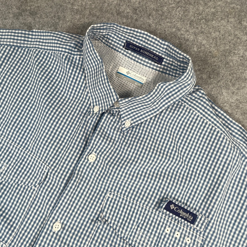 Columbia Mens Fishing Shirt XL Blue Gingham Super Bonehead Omni-Shade Vented